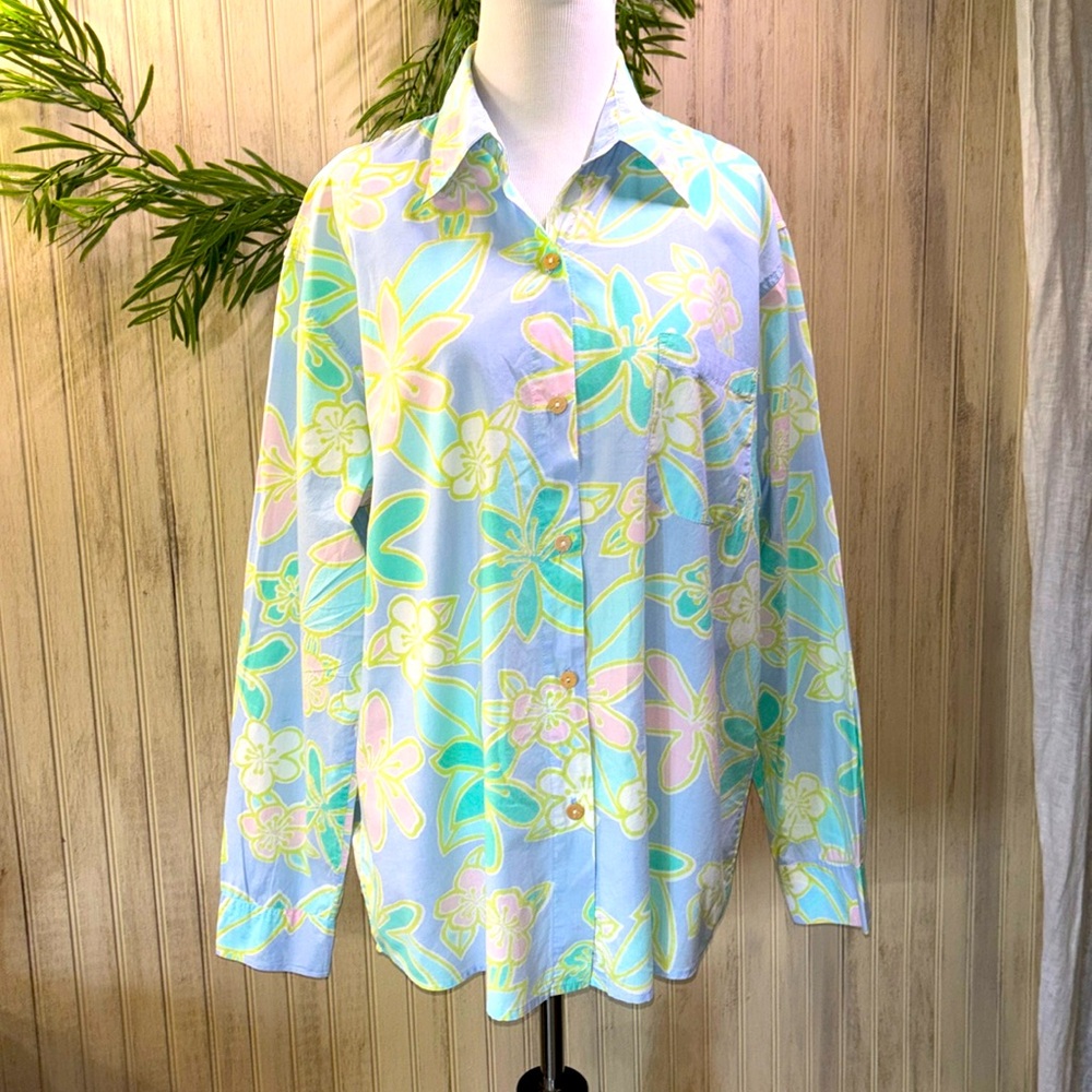 Totem By The Sea 100% Cotton Tropical Floral Hawaiian Button Down Shirt, Medium